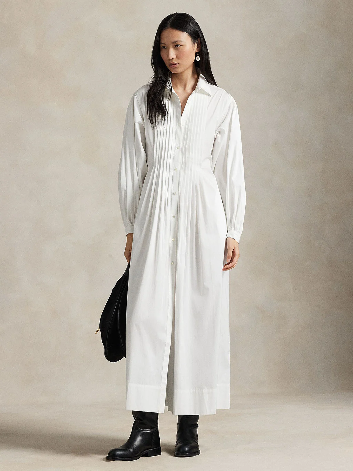 POLO RALPH LAUREN Đầm Nữ Pleated-Bib Cotton Maxi Shirtdress