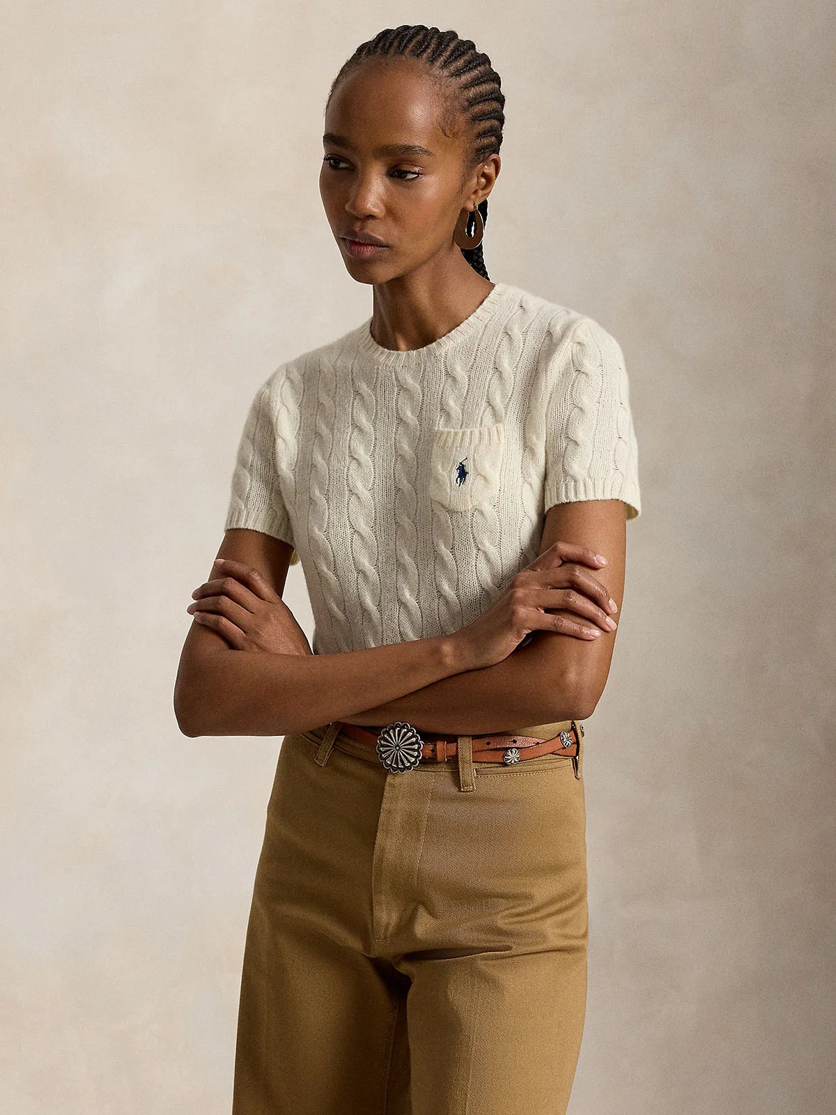 POLO RALPH LAUREN Áo Sweater Nữ Tay Ngắn Cable Wool-Cashmere Short-Sleeve Sweater