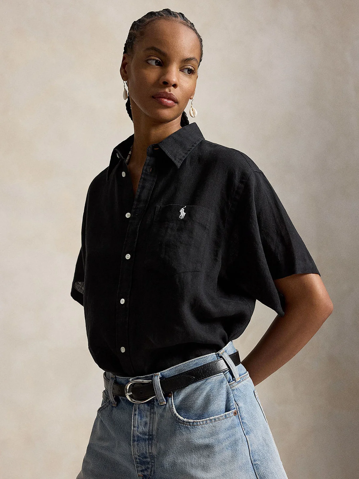 POLO RALPH LAUREN Áo Sơ Mi Nữ Tay Ngắn Oversize Fit Linen Short-Sleeve Shirt