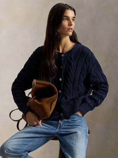 POLO RALPH LAUREN Áo Cardigan Nữ Tay Dài Cable-Knit Cotton Crewneck Cardigan