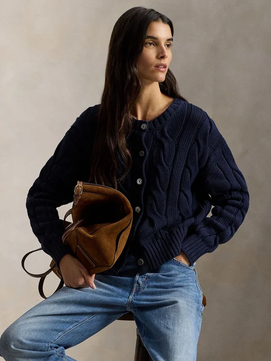 POLO RALPH LAUREN Áo Cardigan Nữ Tay Dài Cable-Knit Cotton Crewneck Cardigan