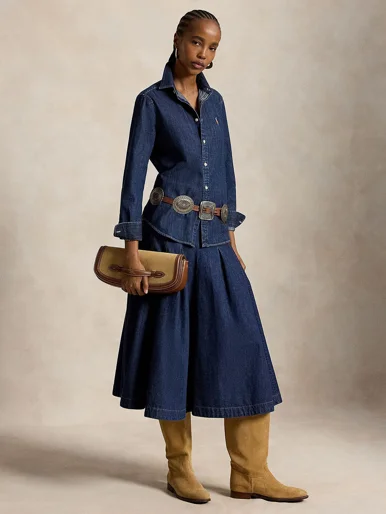 POLO RALPH LAUREN Chân Váy Nữ Pleated Denim Midi Skirt