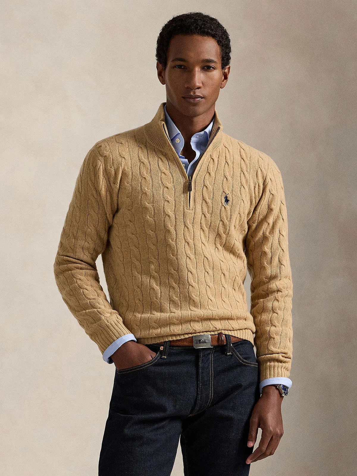 POLO RALPH LAUREN Áo Sweater Nam Tay Dài Cable-Knit Quarter-Zip Sweater