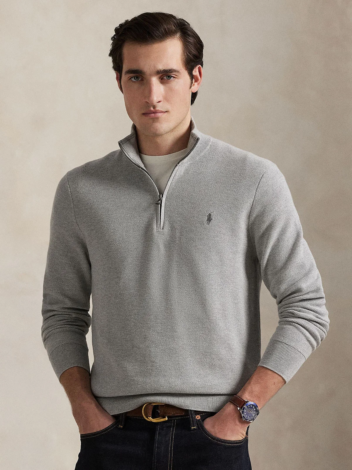 POLO RALPH LAUREN Áo Sweater Nam Tay Dài Mesh-Knit Cotton Quarter-Zip Sweater