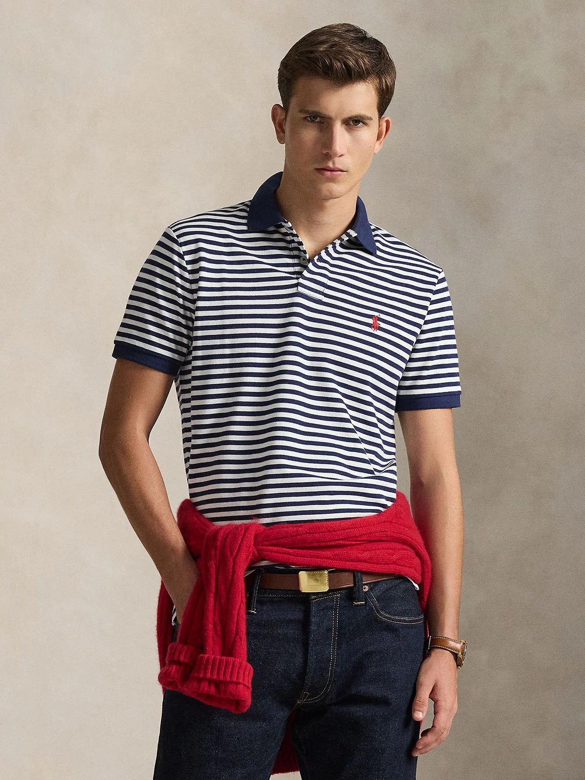 POLO RALPH LAUREN Áo Polo Nam Tay Ngắn Custom Slim Fit Striped Mesh Polo Shirt