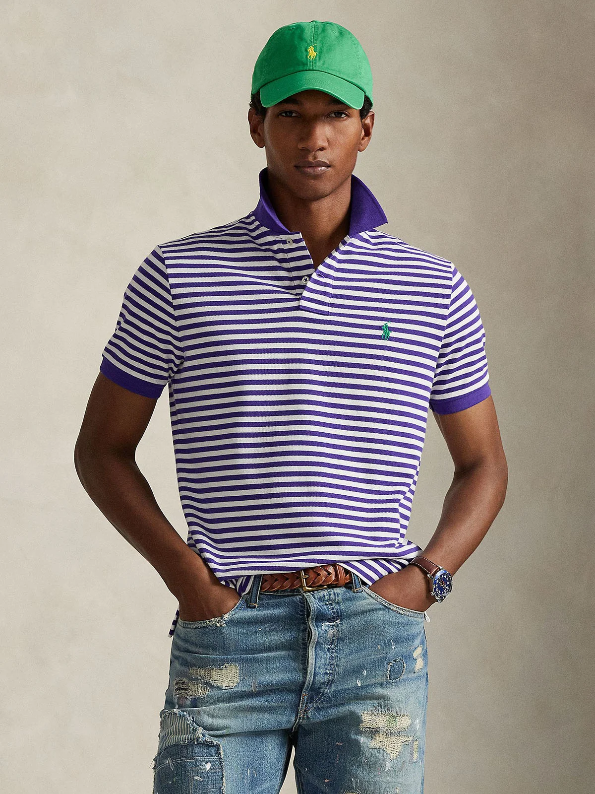POLO RALPH LAUREN Áo Polo Nam Tay Ngắn Custom Slim Fit Striped Mesh Polo Shirt