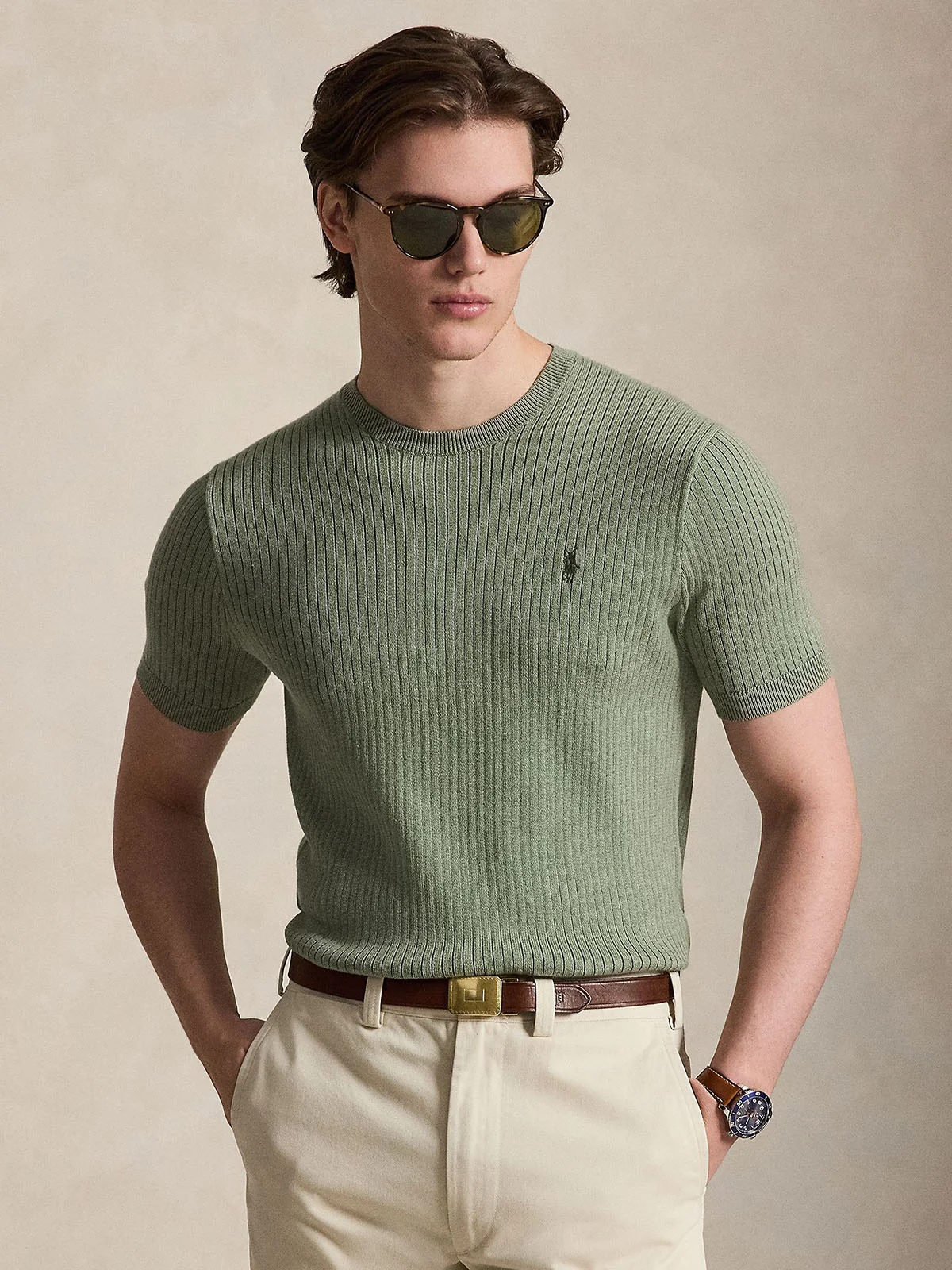 POLO RALPH LAUREN Áo Pullover Nam Tay Ngắn Rib-Knit Cotton Short-Sleeve Sweater