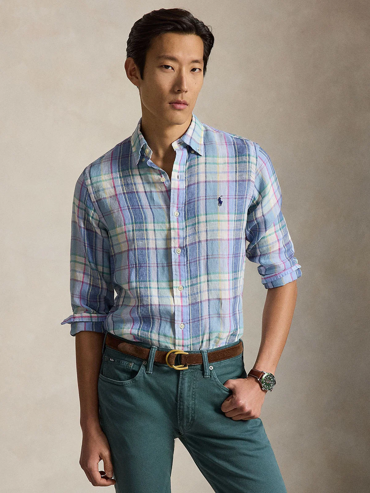 POLO RALPH LAUREN Áo Sơ Mi Nam Tay Dài Custom Fit Plaid Linen Shirt