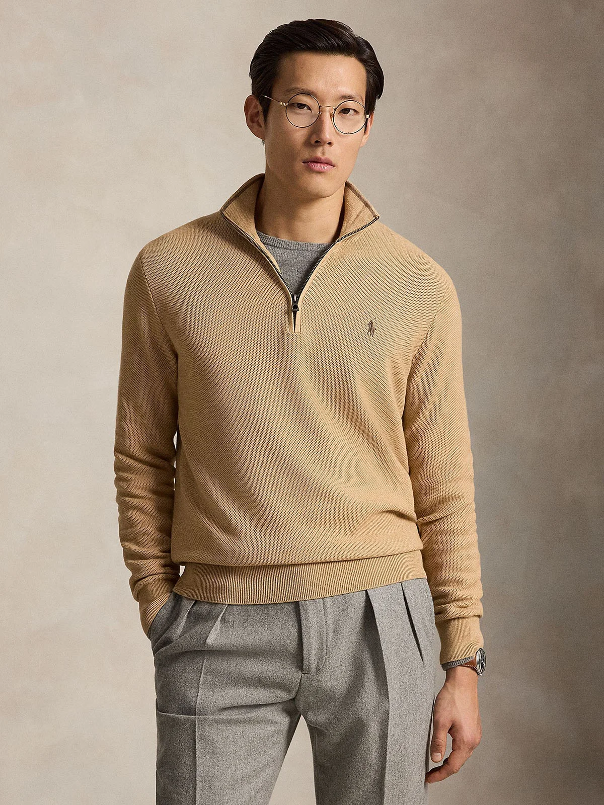 POLO RALPH LAUREN Áo Pullover Nam Tay Dài Mesh-Knit Cotton Quarter-Zip Sweater