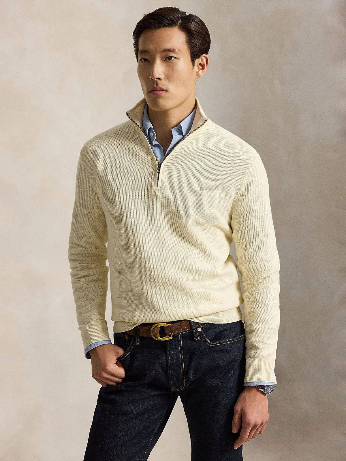 POLO RALPH LAUREN Áo Pullover Nam Tay Dài Mesh-Knit Cotton Quarter-Zip Sweater