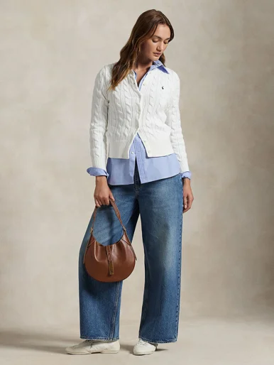 POLO RALPH LAUREN Áo Cardigan Nữ Tay Dài Cable-Knit Cotton Crewneck Cardigan