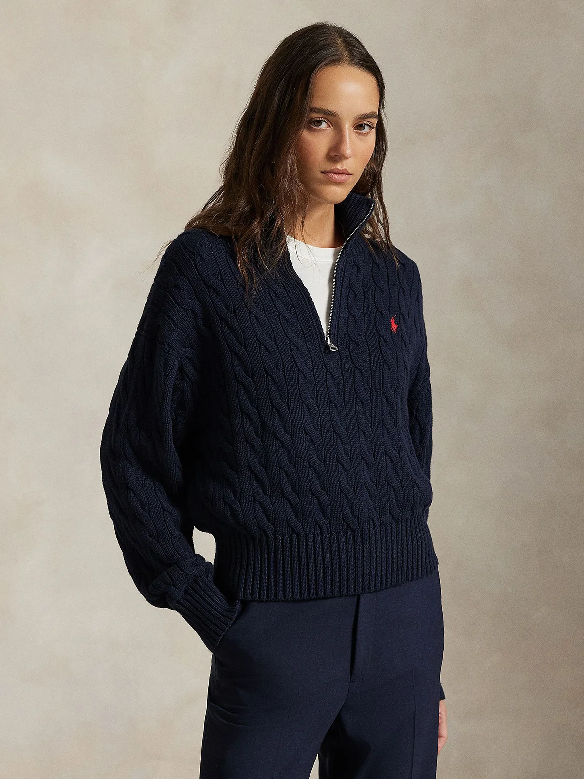 POLO RALPH LAUREN Áo Sweater Nữ Tay Dài Cable-Knit Cotton Quarter-Zip Sweater