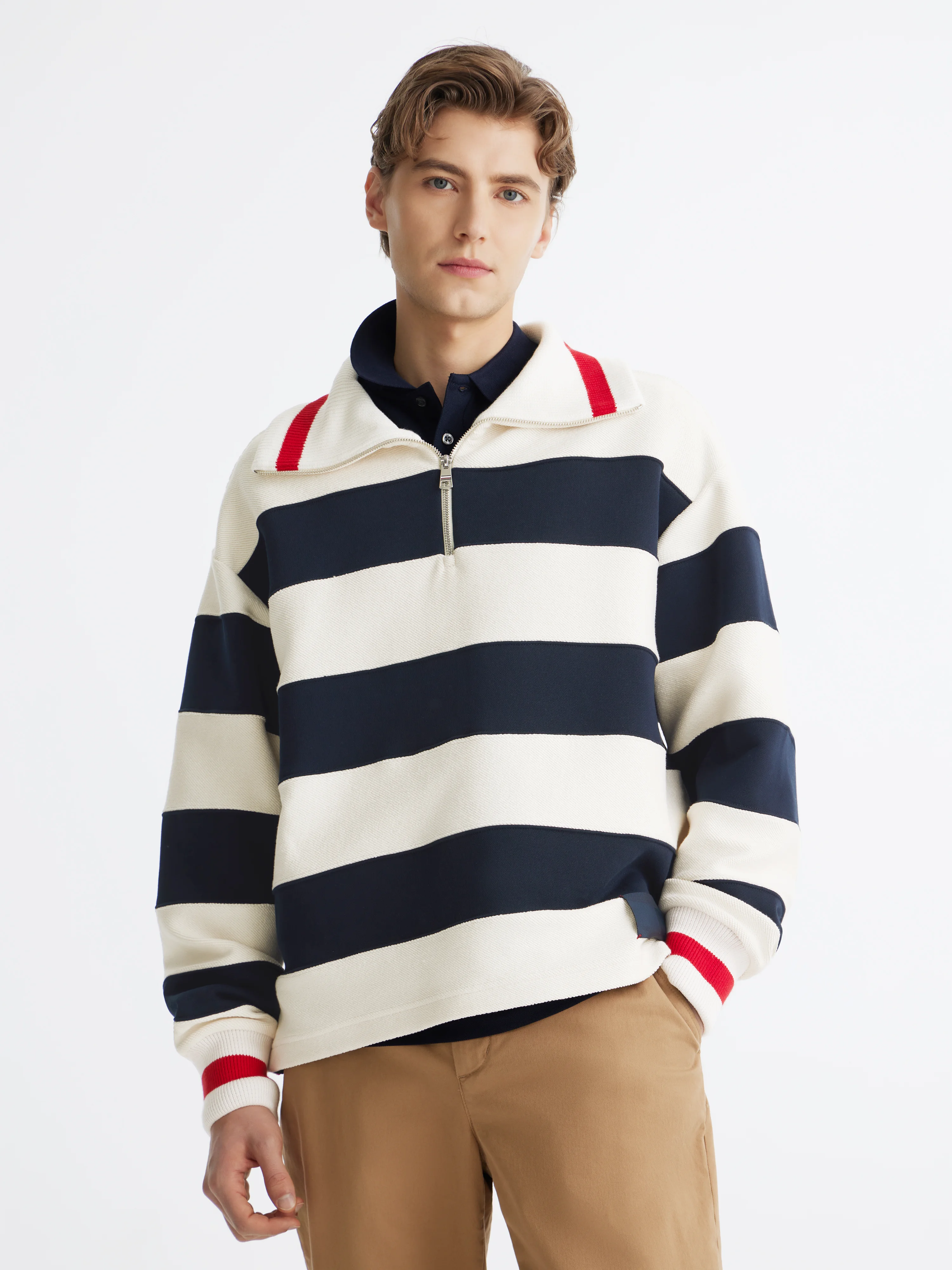 TOMMY HILFIGER Áo Sweatshirt Nam Tay Dài T1 Boxy Breton Stripe Half Zip