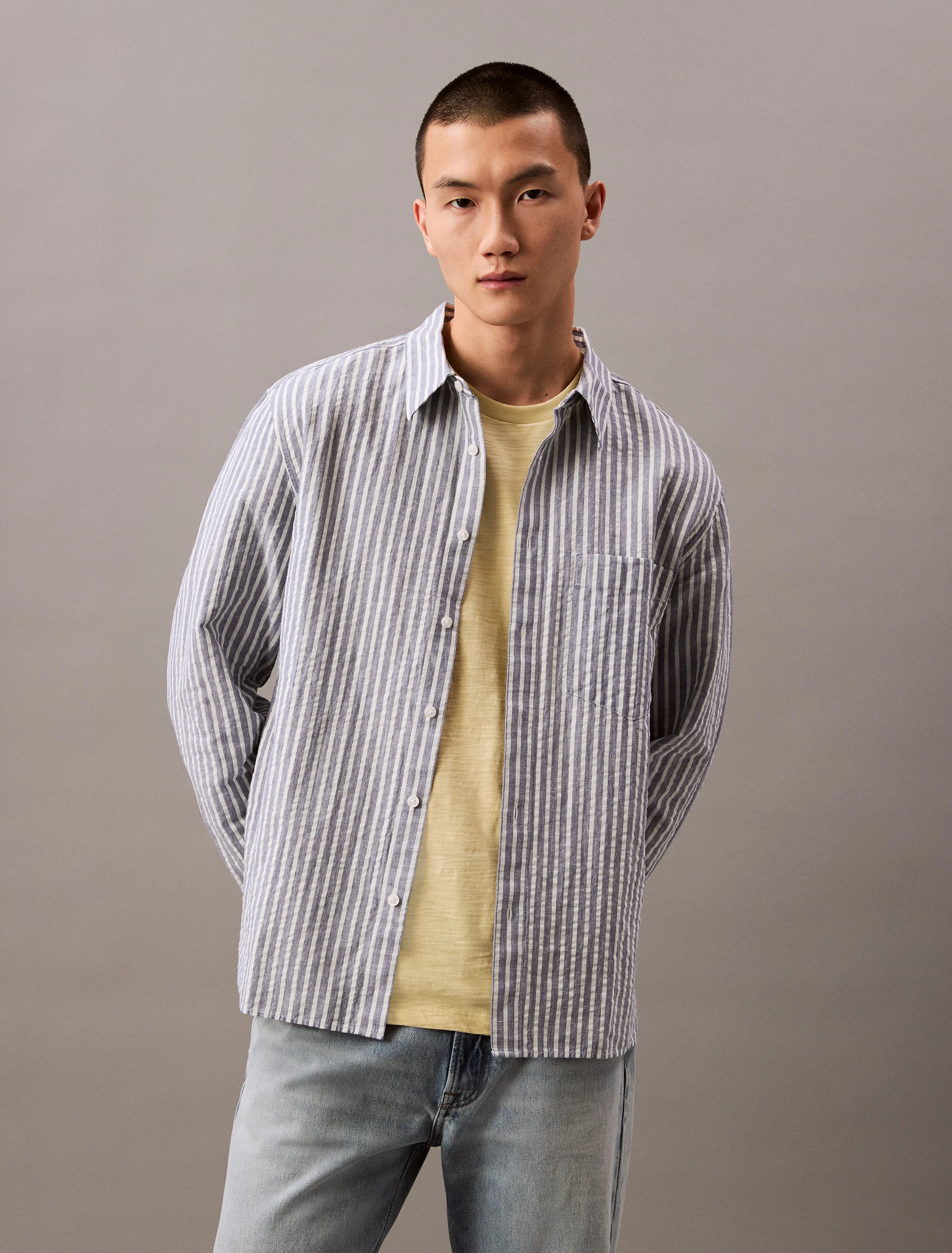 CK JEANS Áo Sơ Mi Nam Seersucker Linen Stripe