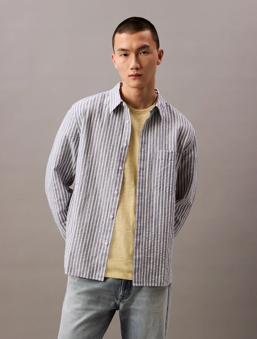 CK JEANS Áo Sơ Mi Nam Seersucker Linen Stripe