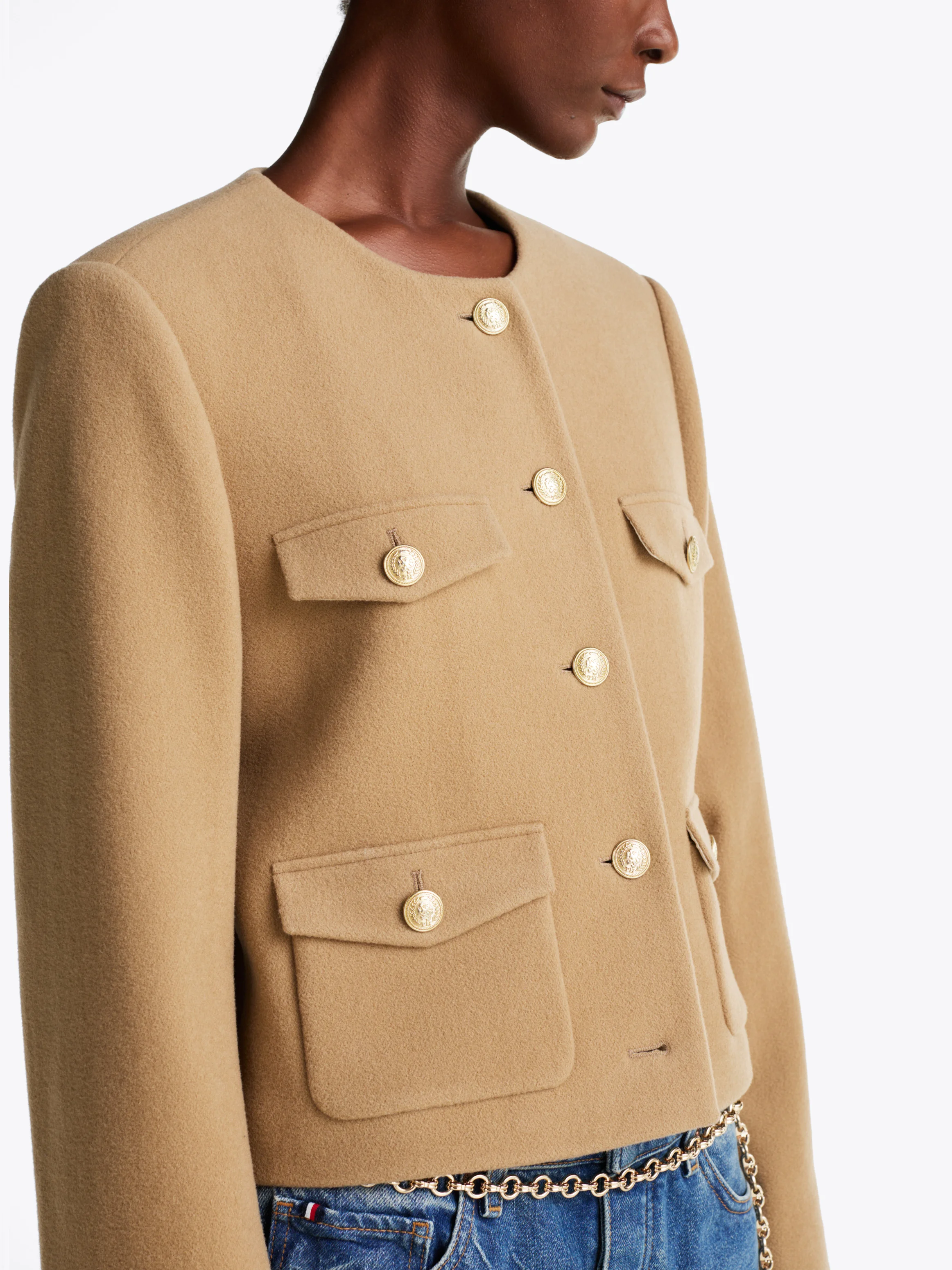TOMMY HILFIGER Áo Khoác Nữ Tay Dài Crop Wool Gold Button Jacket
