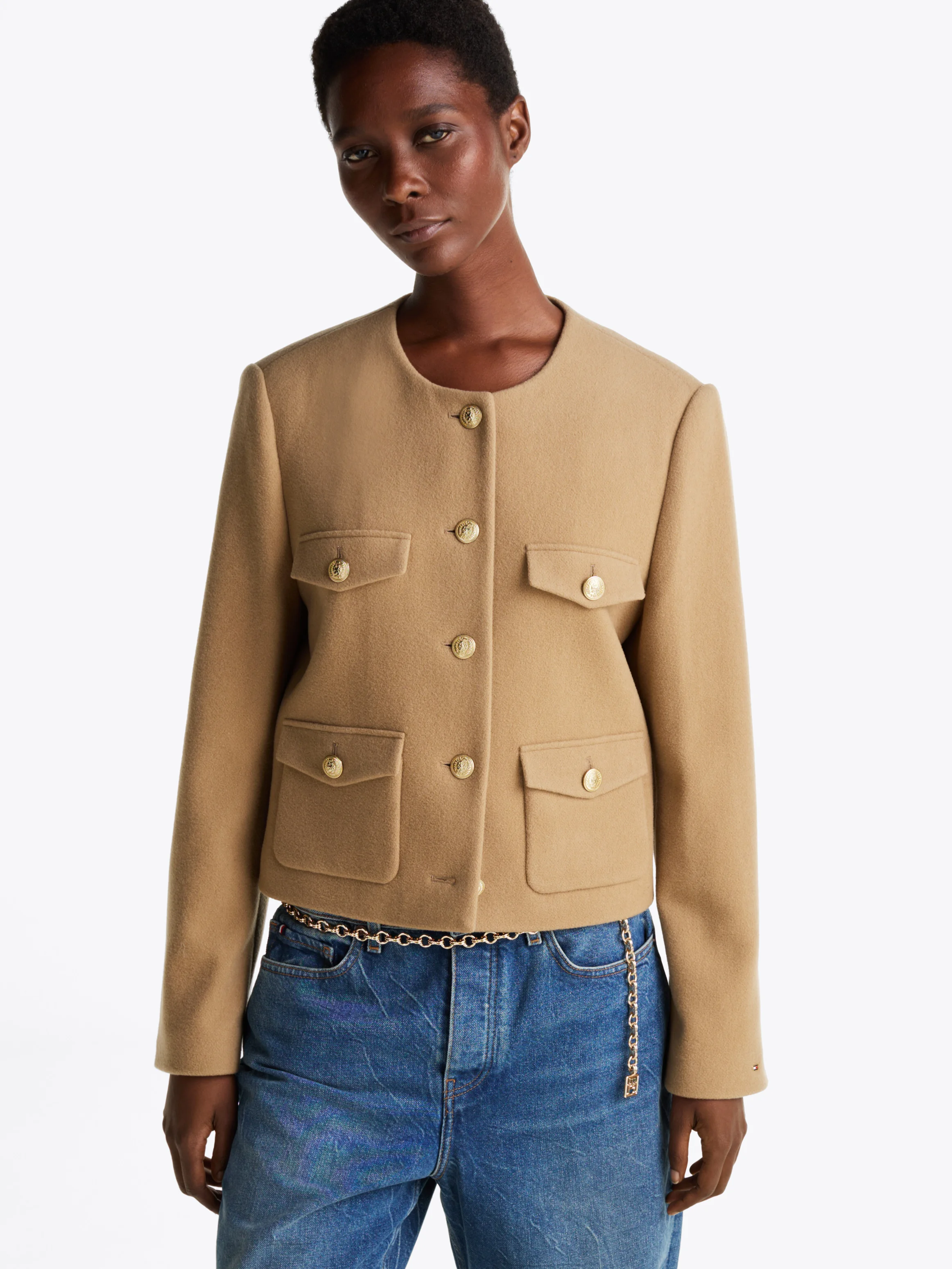 TOMMY HILFIGER Áo Khoác Nữ Tay Dài Crop Wool Gold Button Jacket