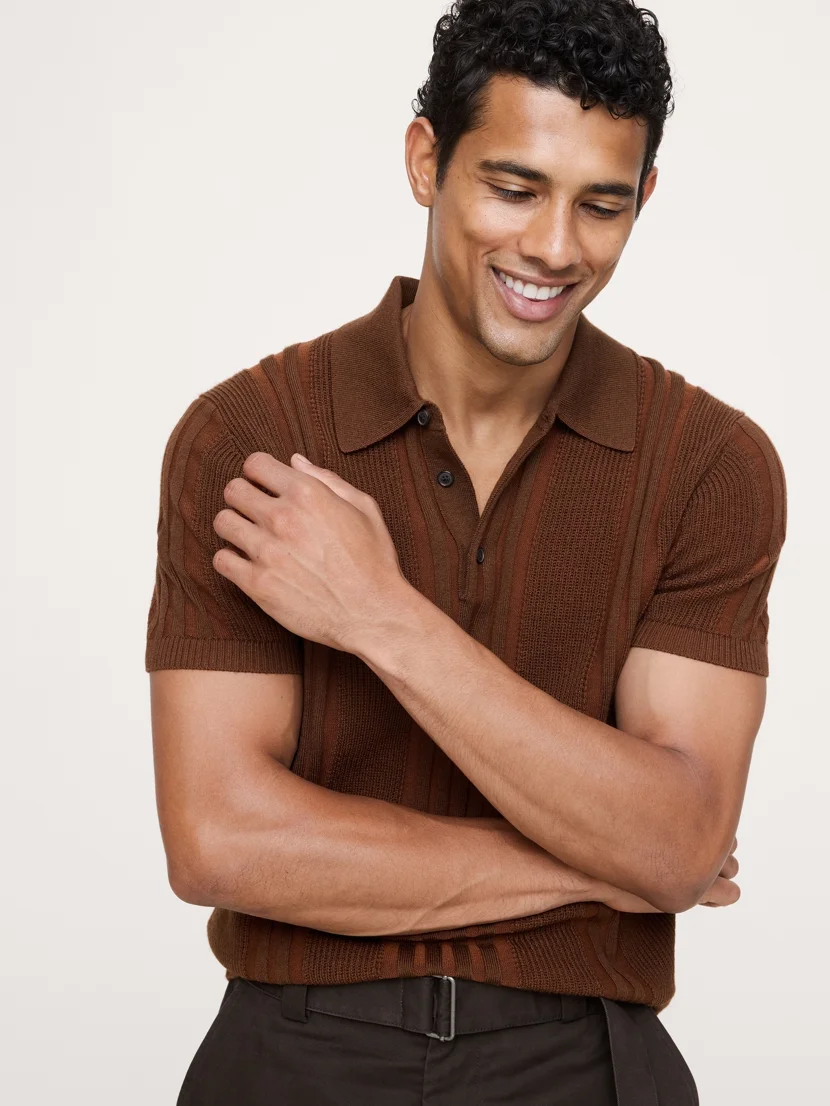BANANA REPUBLIC Áo Len Nam Merino-Cotton Texture Stripe Sweater Polo