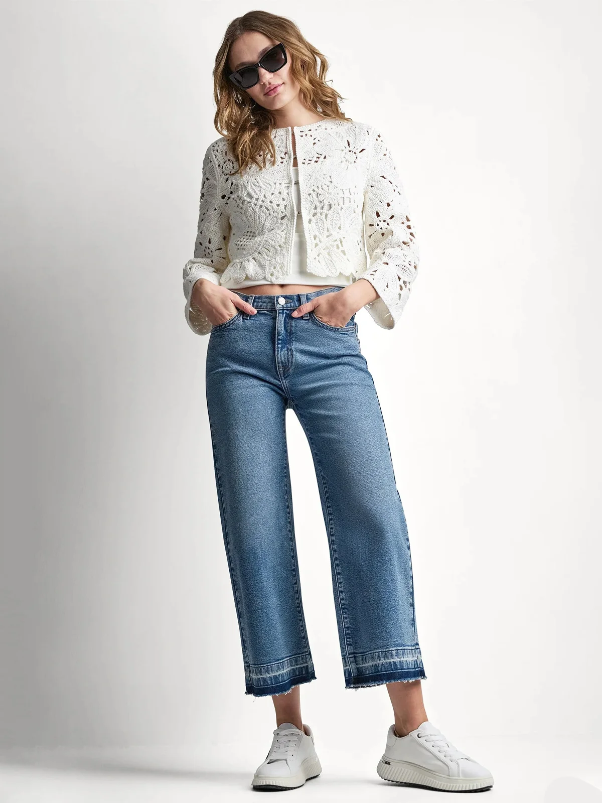 DKNY Áo Len Nữ L/S Floral Crochet Cardigan