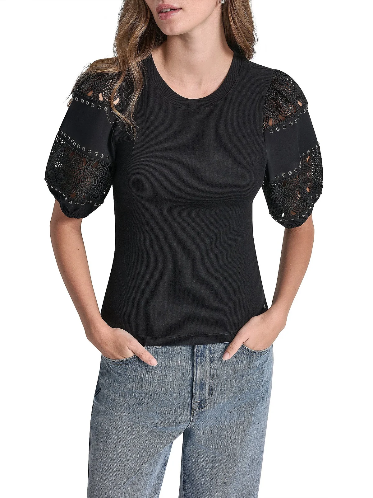 DKNY Áo Kiểu Nữ Cneck Lace Eyelet Puff Slv Top