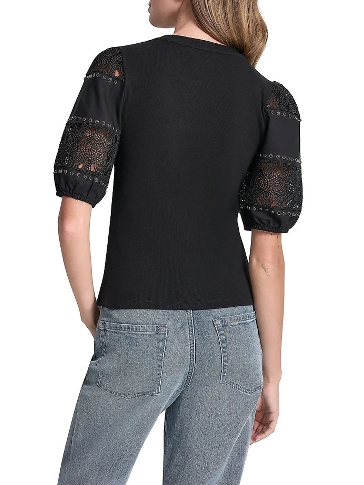 DKNY Áo Kiểu Nữ Cneck Lace Eyelet Puff Slv Top