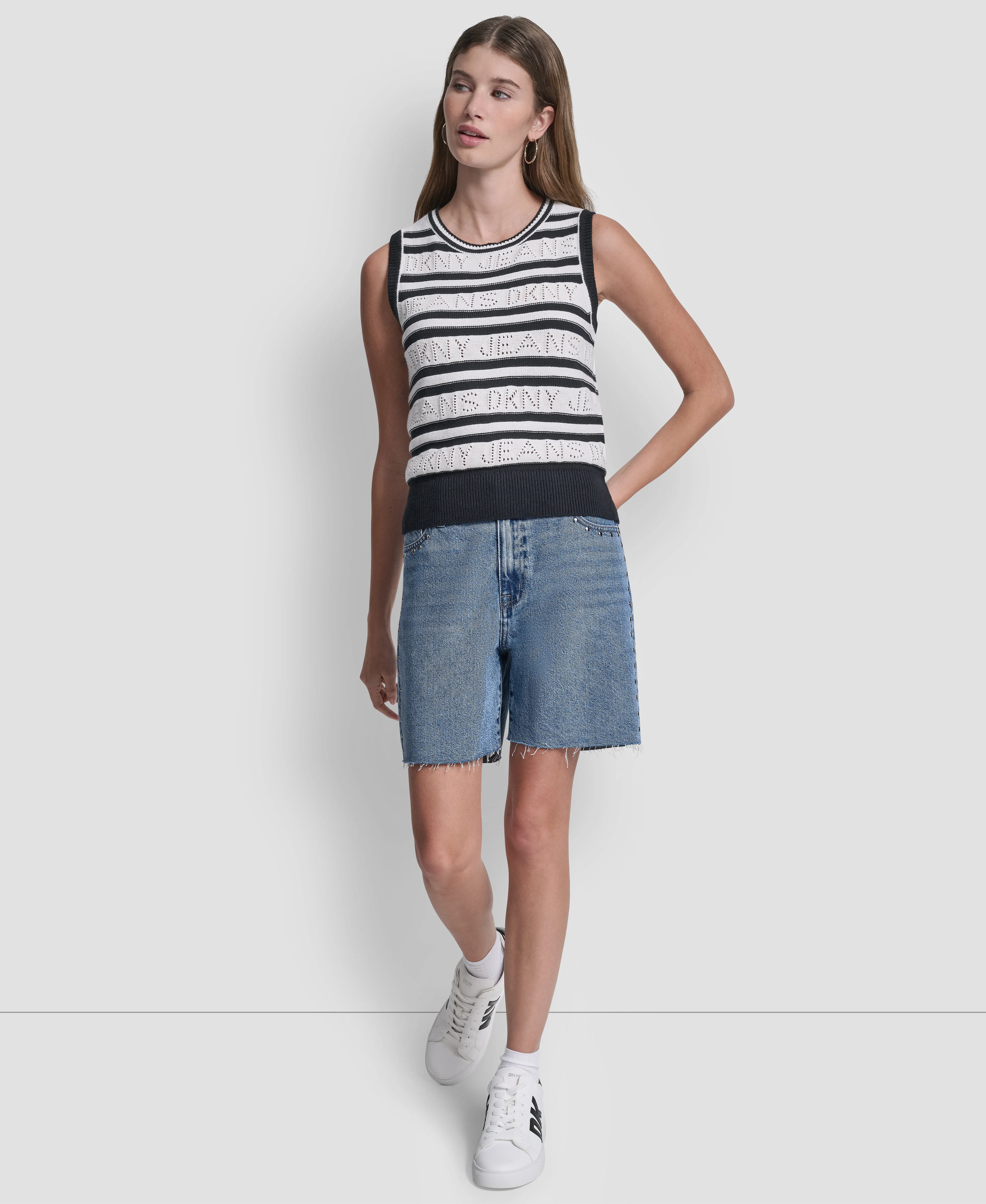 DKNY Áo Len Nữ Slvlss Cneck Logo Striped Swtr