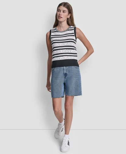 DKNY Áo Len Nữ Slvlss Cneck Logo Striped Swtr