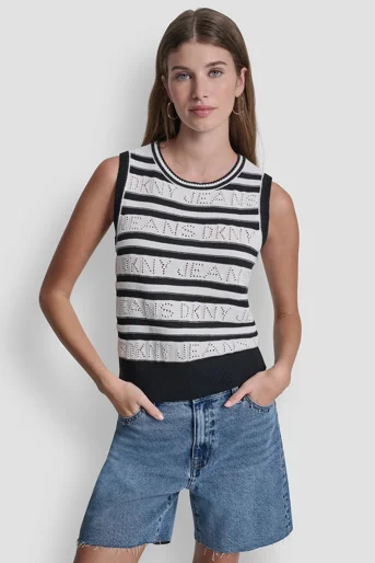 DKNY Áo Len Nữ Sll Bttn Frnt Striped Swtr