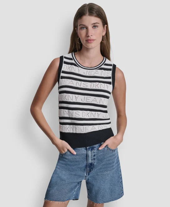 DKNY Áo Len Nữ Slvlss Cneck Logo Striped Swtr