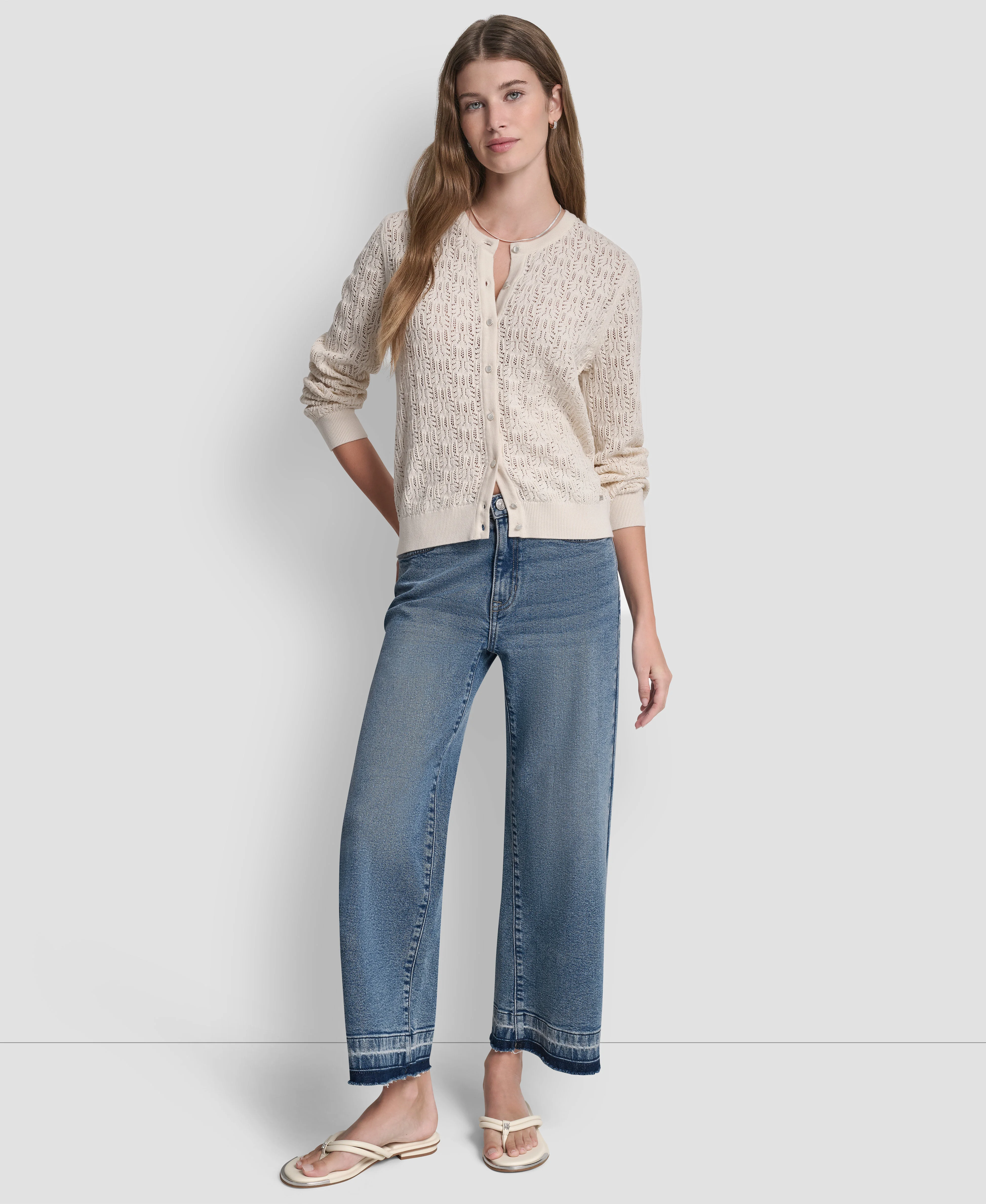DKNY Áo Len Nữ Cneck Ls Pointelle Cardigan