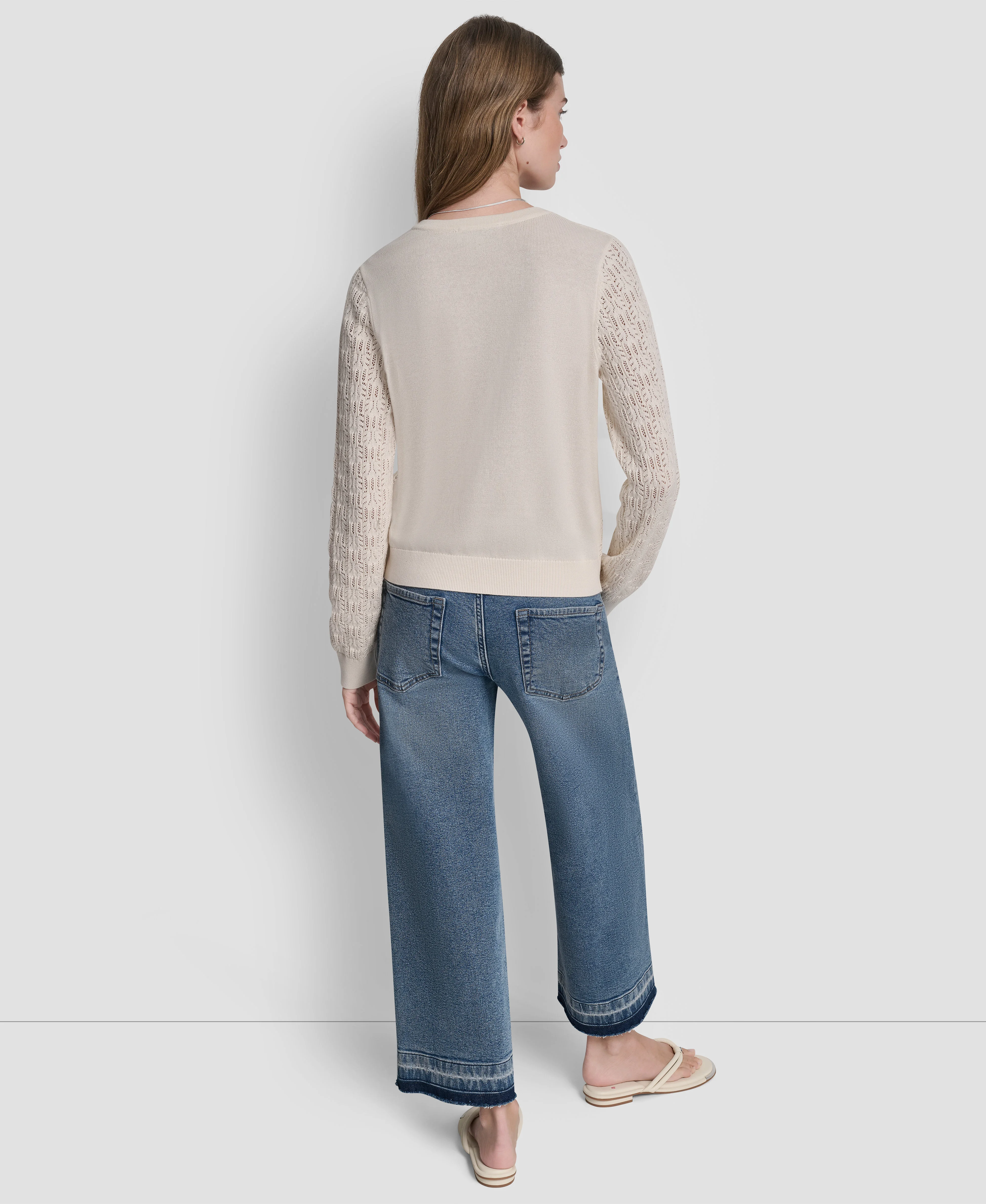 DKNY Áo Len Nữ Cneck Ls Pointelle Cardigan
