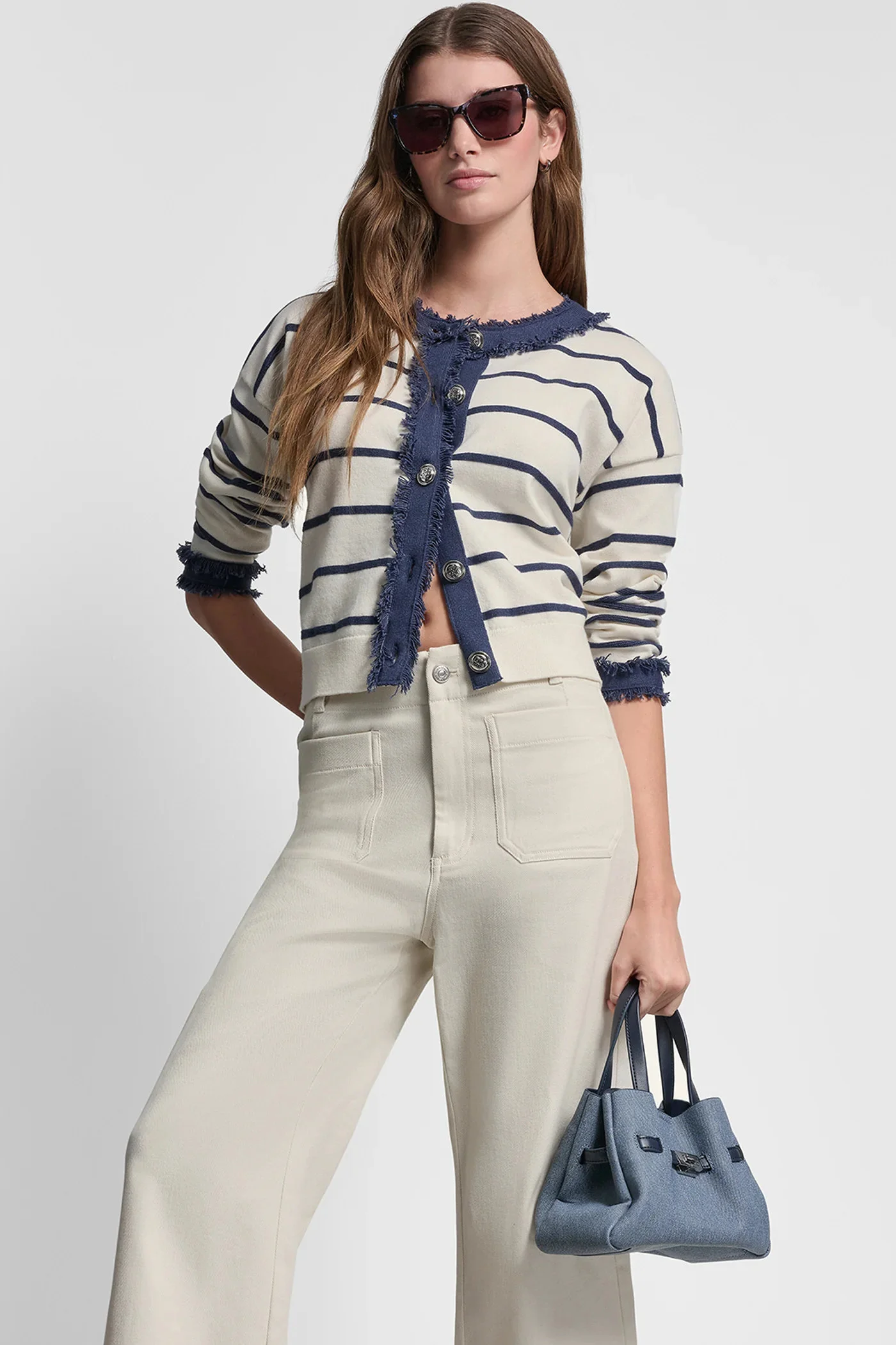 DKNY Áo Len Nữ Cneck Striped Cardigan