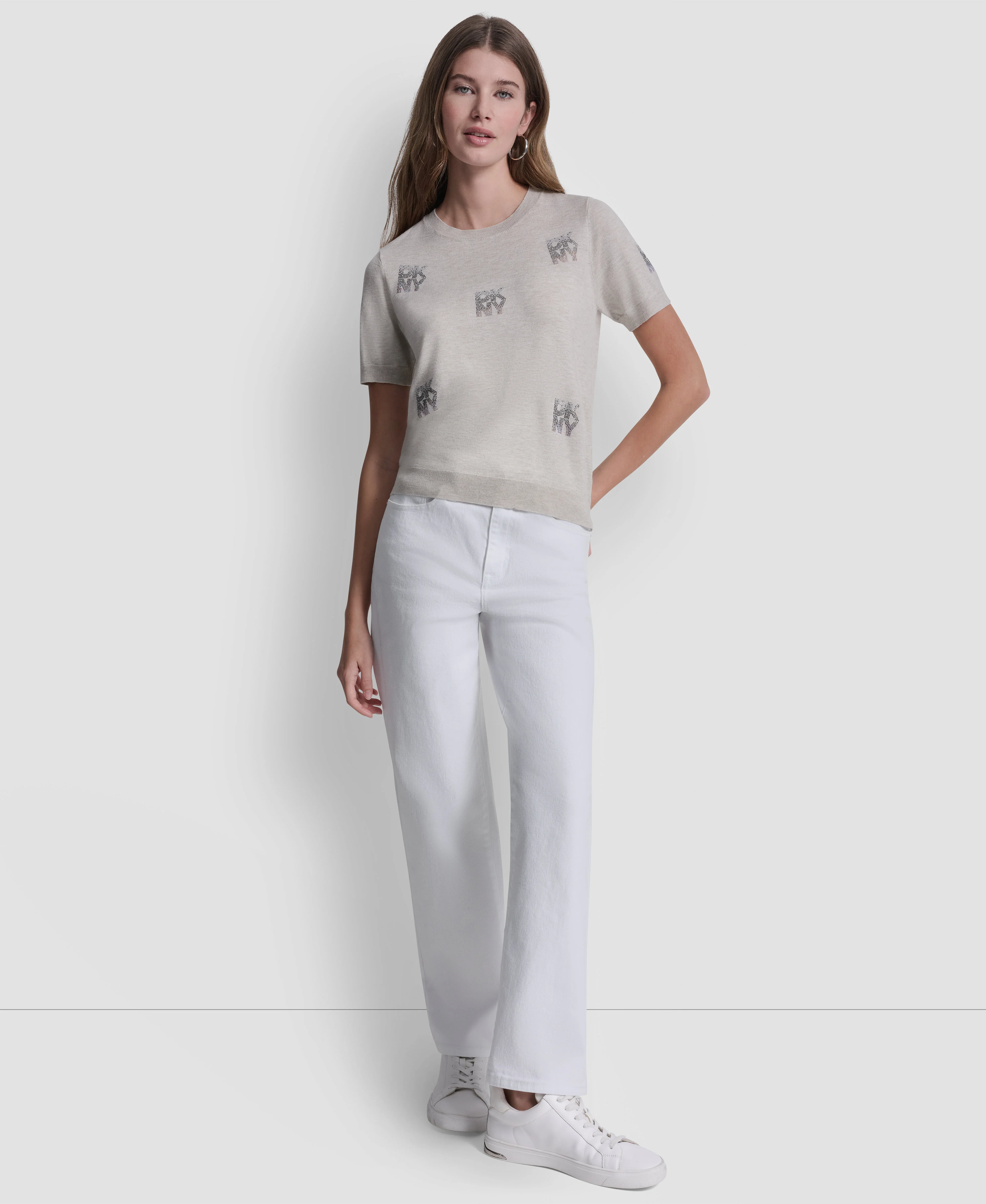 DKNY Áo Len Nữ Ss Cneck Swtr Rhinestone Logo