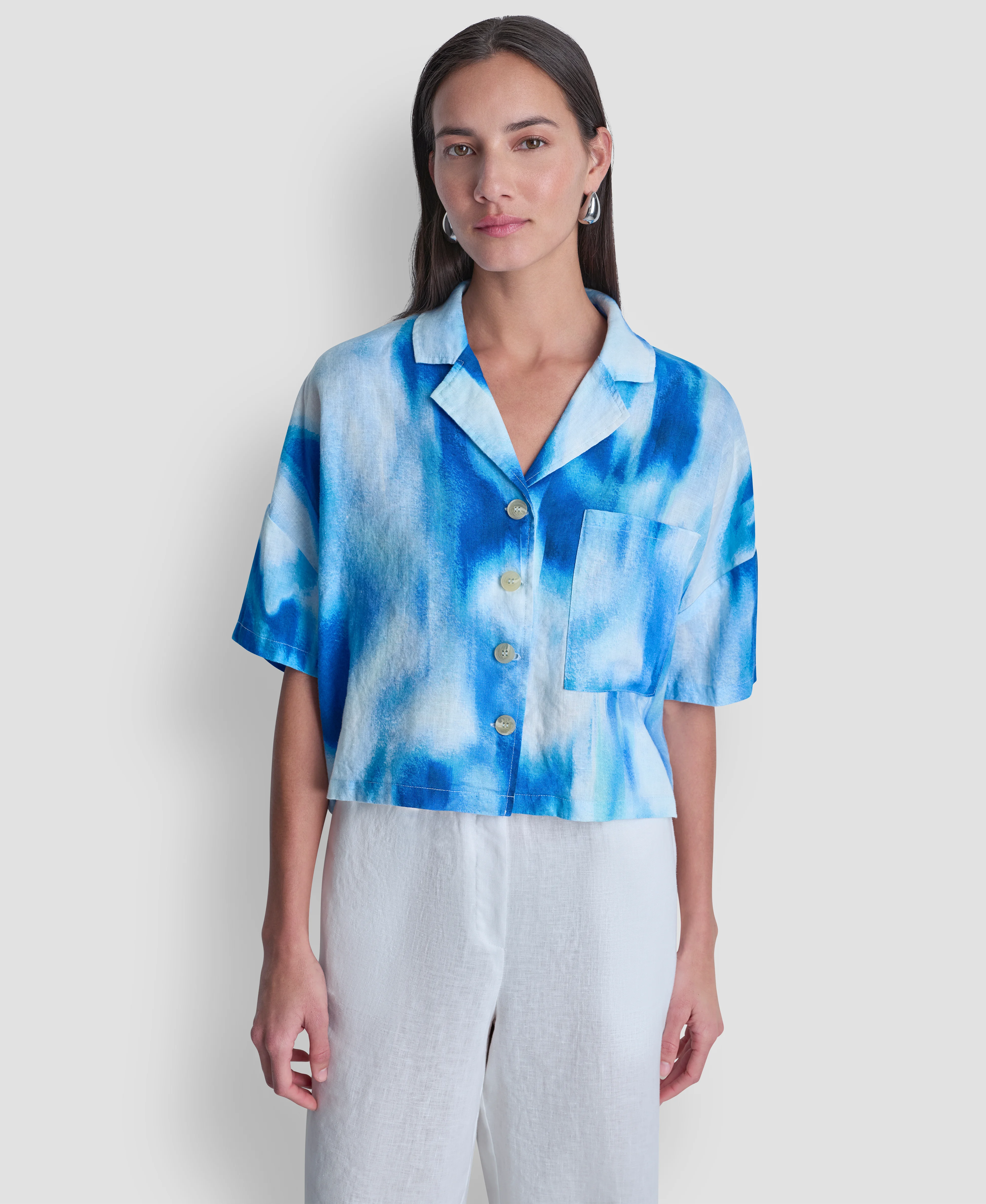 DKNY Áo Sơ Mi Nữ Ss Prnt Cnvrtbl Cllr Linen Top