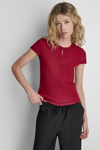 DKNY Áo Kiểu Nữ S/S Contrast Stitch Knit Top