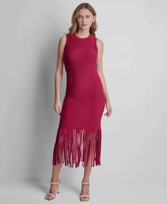 DKNY Đầm Nữ S/L Fringe Sweater Dress