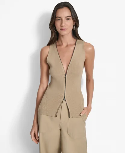 DKNY Áo Len Nữ S/L 2Way Zip Swtr