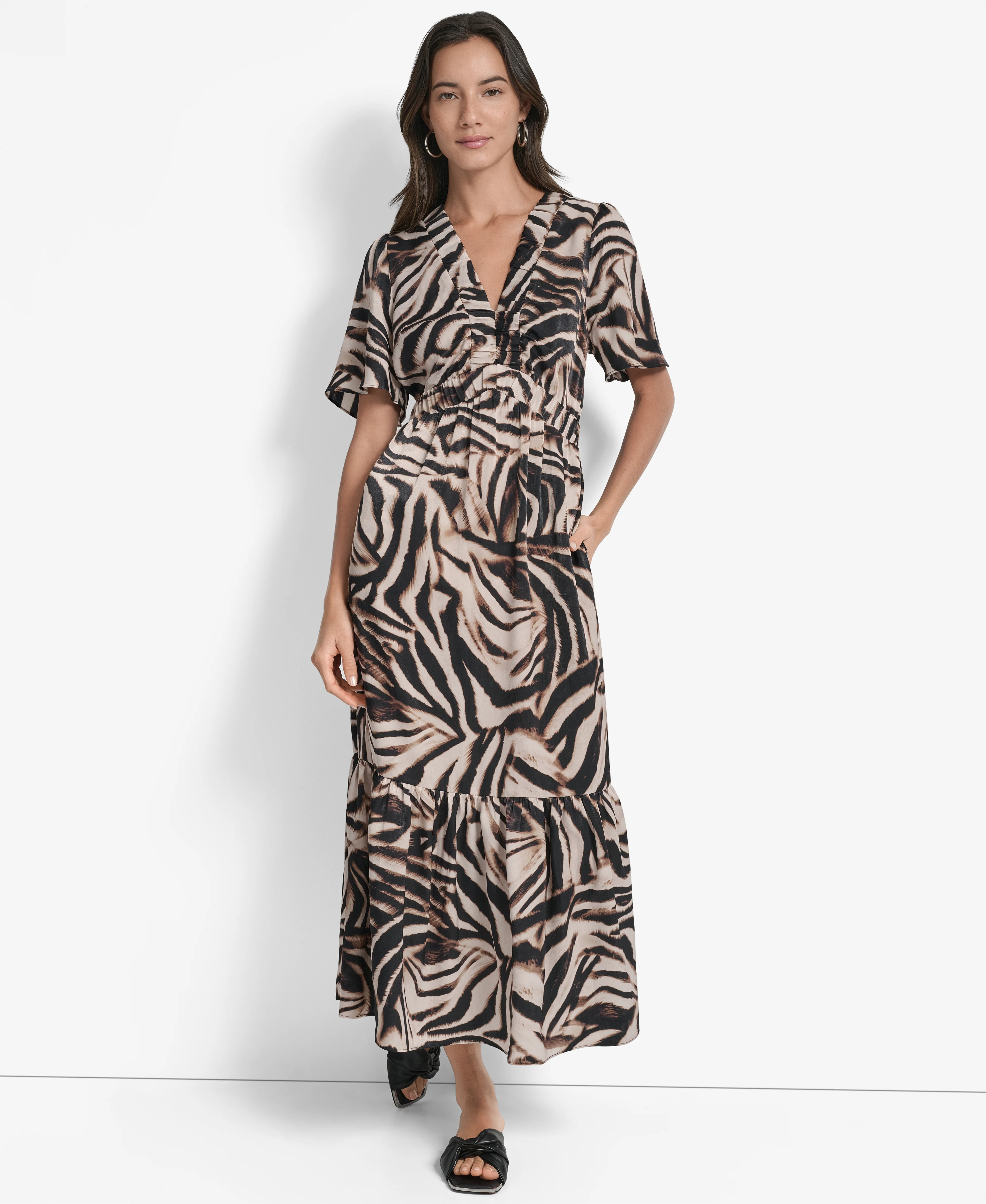DKNY Đầm Nữ S/S Pntd Vneck Midi Dress