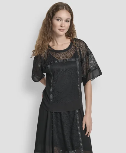 DKNY Áo Kiểu Nữ S/S Leopard Mesh Flowy Box Top