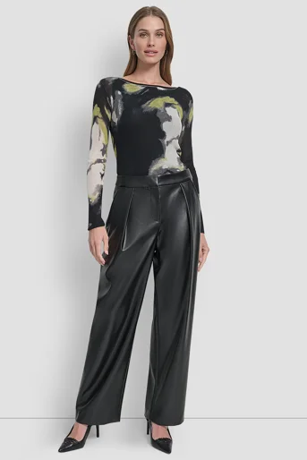 DKNY Quần Nữ Wide Leg Pleat Front Pu Pant