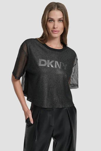 DKNY Áo Kiểu Nữ S/S Mesh Overlay Logo Knit Top