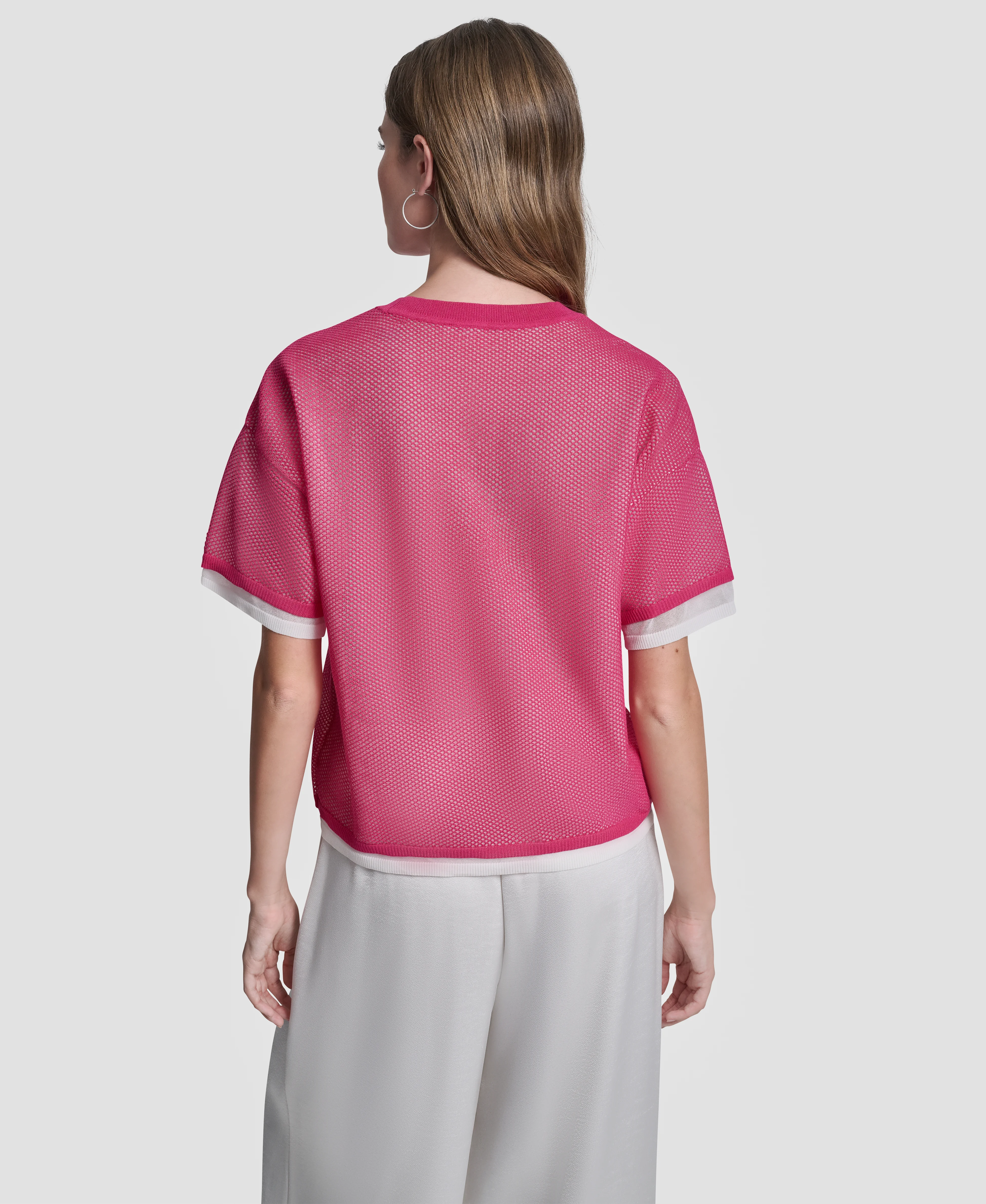 DKNY Áo Len Nữ S/S Boxy Two Layer Mesh Swtr