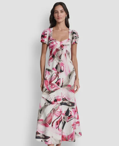 DKNY Đầm Nữ S/S Prntd Asym Midi Stn Dress