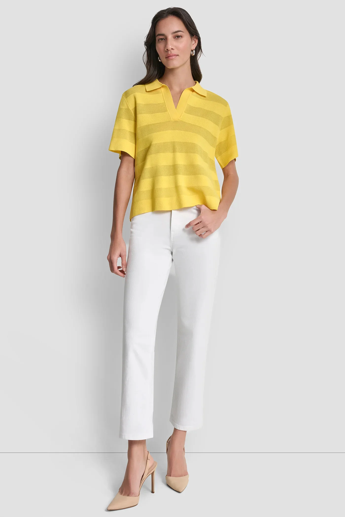 DKNY Áo Len Nữ S/S Sheer Striped Polo Swtr