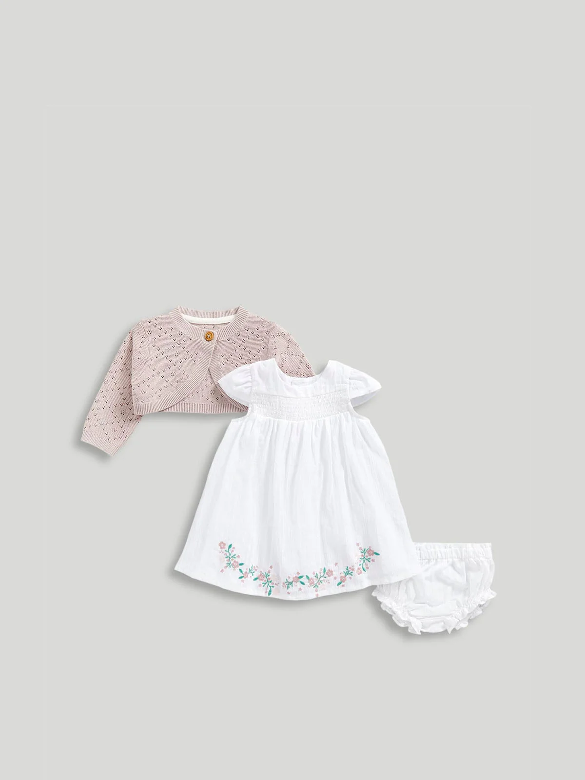 mothercare Bộ 3 đầm, áo khoác, quần lót bé gái