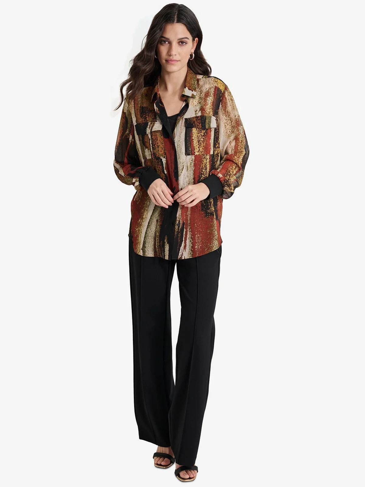 DKNY Áo Sơ Mi Nữ L/S Bttn Dwn Prnt Cr