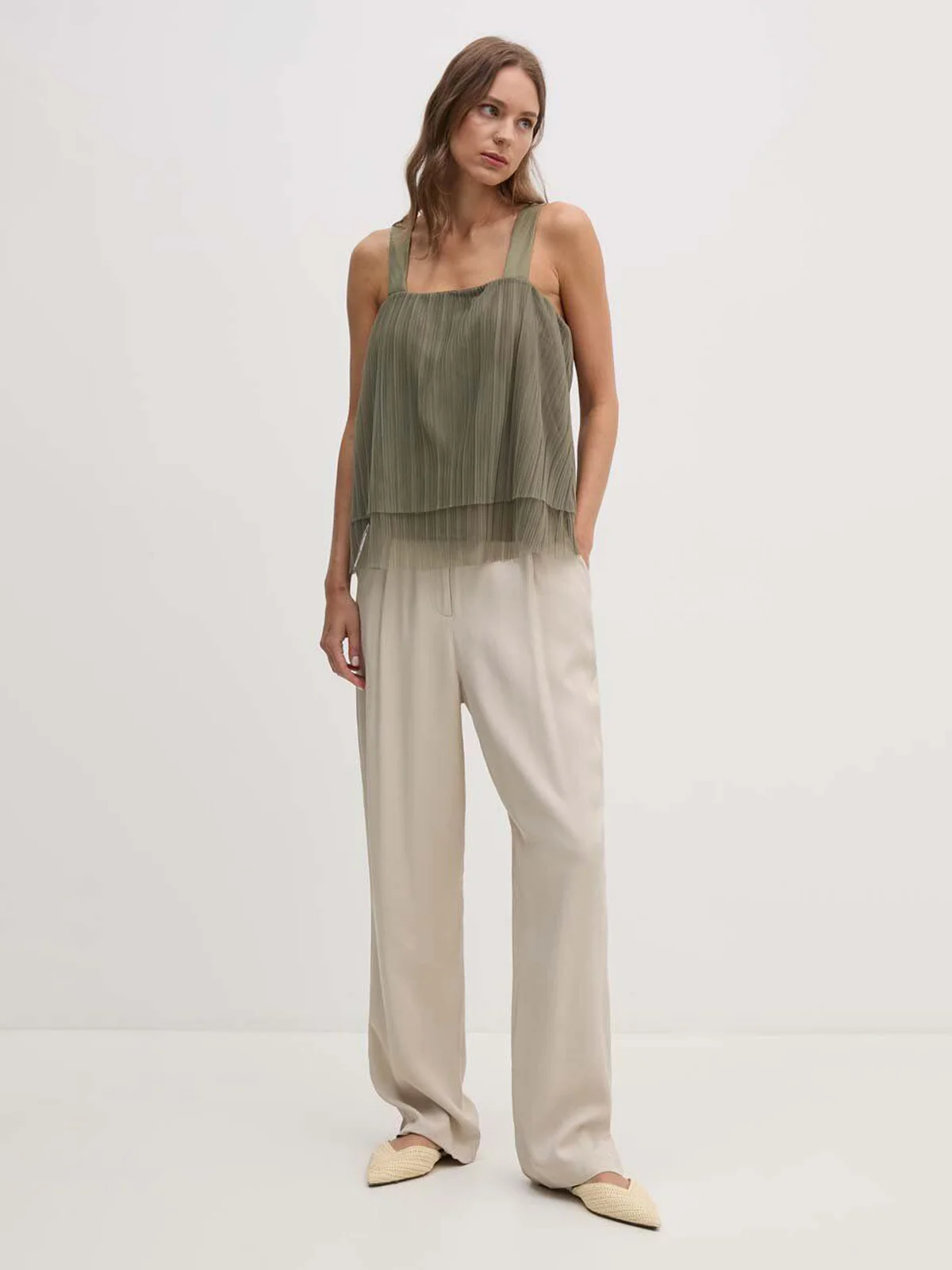 DKNY Áo Kiểu Nữ S/L Plisse Mesh Tiered Top