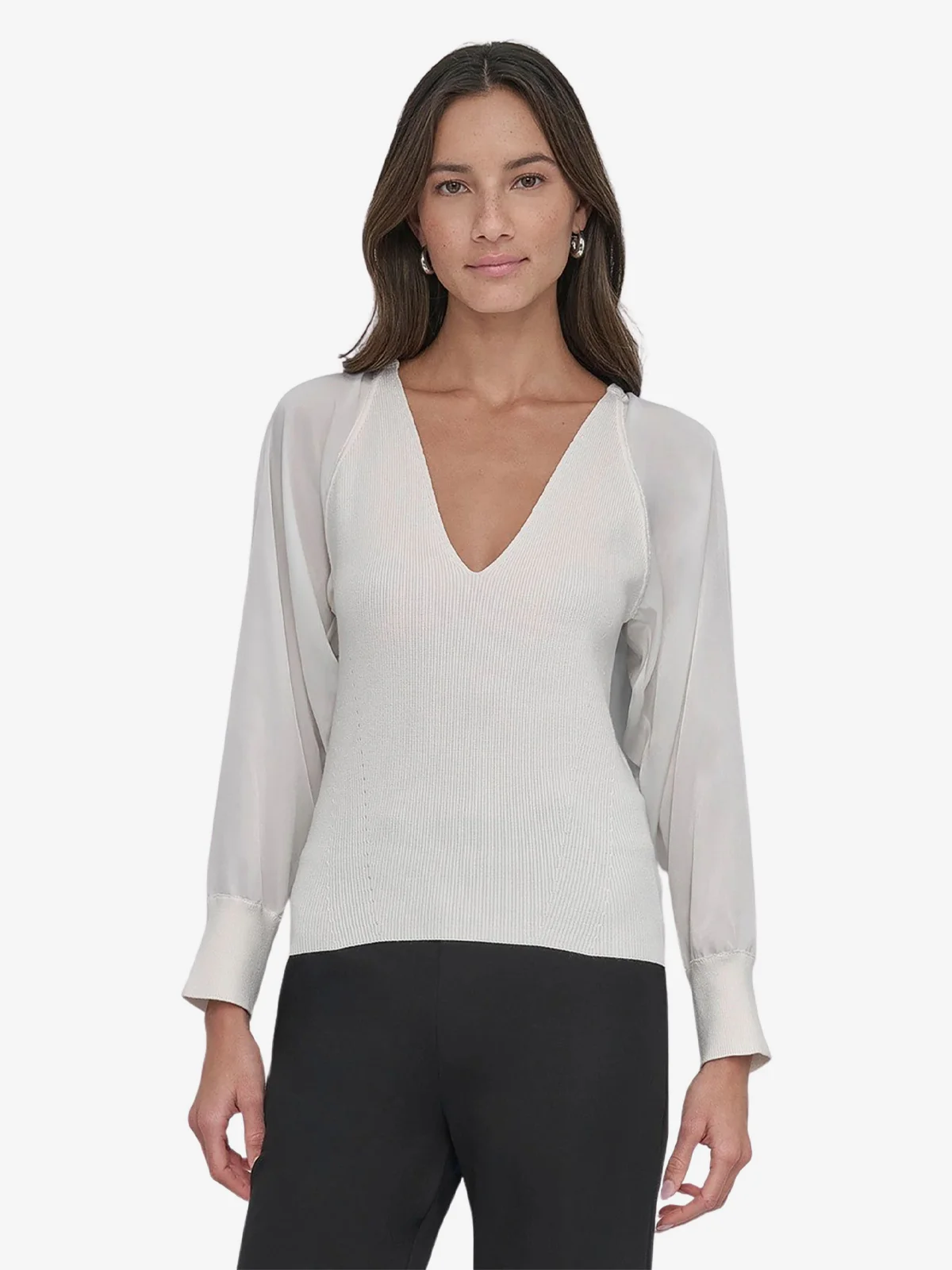 DKNY Áo Len Nữ L/S Mix Media V Nck Swtr