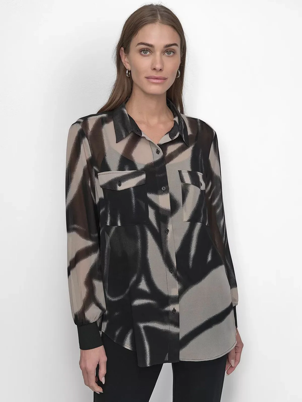 DKNY Áo Sơ Mi Nữ L/S Bttn Prntd Chiffon Shirt