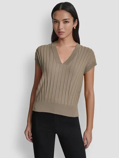 DKNY Áo Len Nữ S/L Rib V Neck Swtr